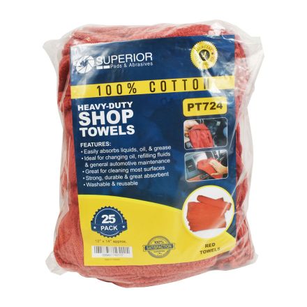 Superior Pads and Abrasives PT724 12 Inch x 14 Inch Red Shop Towel - 100% Cotton - 25/Pack